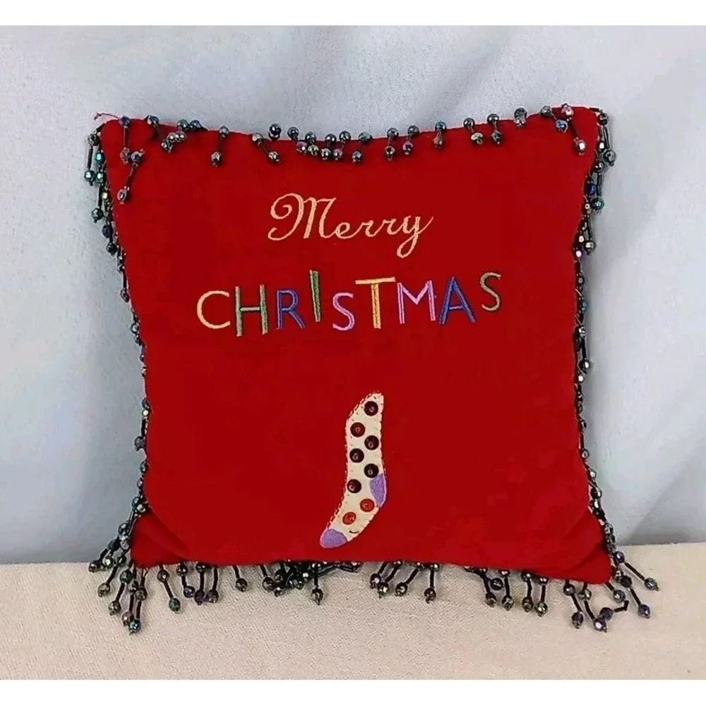 VTG Red Beaded Velvet Pillow Merry‎ Christmas Small Sequin Stocking Throw Pillow